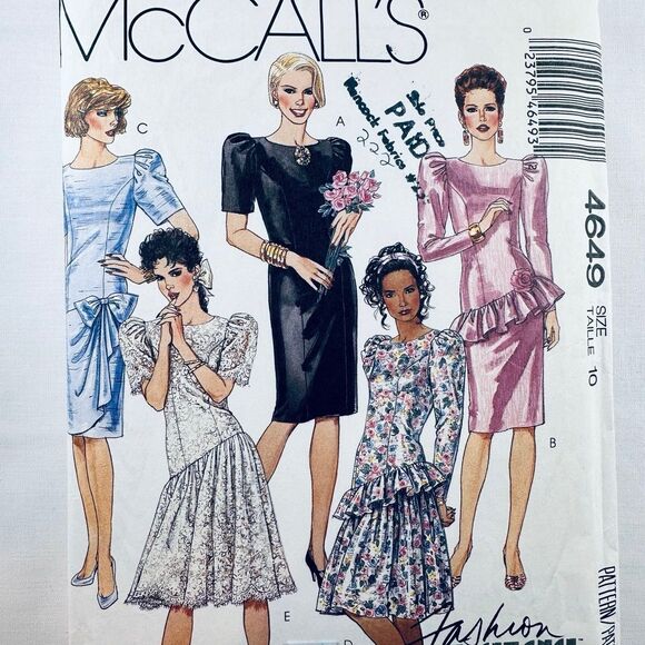 Vtg 80s McCalls 4649 Misses Drop Waist Dress Sewing Pattern Sz 10 CUT/COMPLETE. - Picture 1 of 2